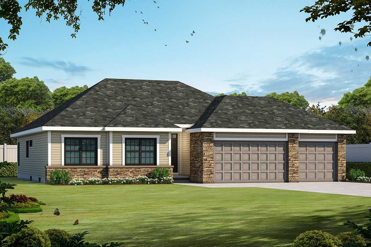 House plan exterior with stone accents, a two-car garage, and a gabled roof. Features include a neutral exterior with dark window trim.