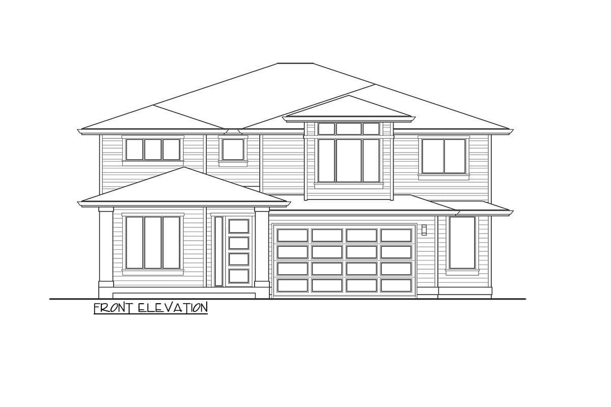 Front elevation drawing of a two-story house plan with a multi-panel garage door, covered entry, and varied rooflines.