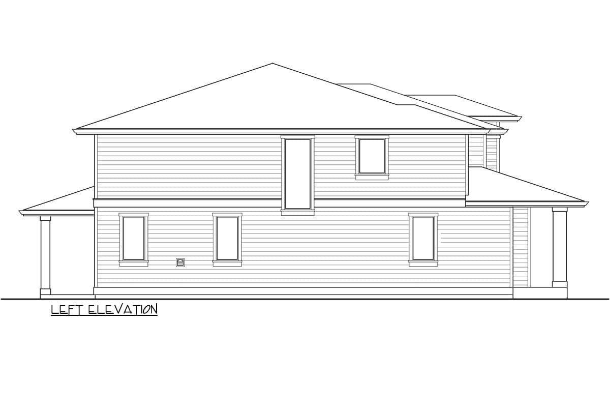 Left elevation house plan drawing of a two-story house with multiple gables, a covered porch, and horizontal siding.