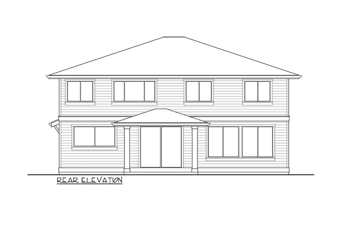 Rear elevation drawing of a two-story house with horizontal siding, a central covered entrance, and multiple windows.