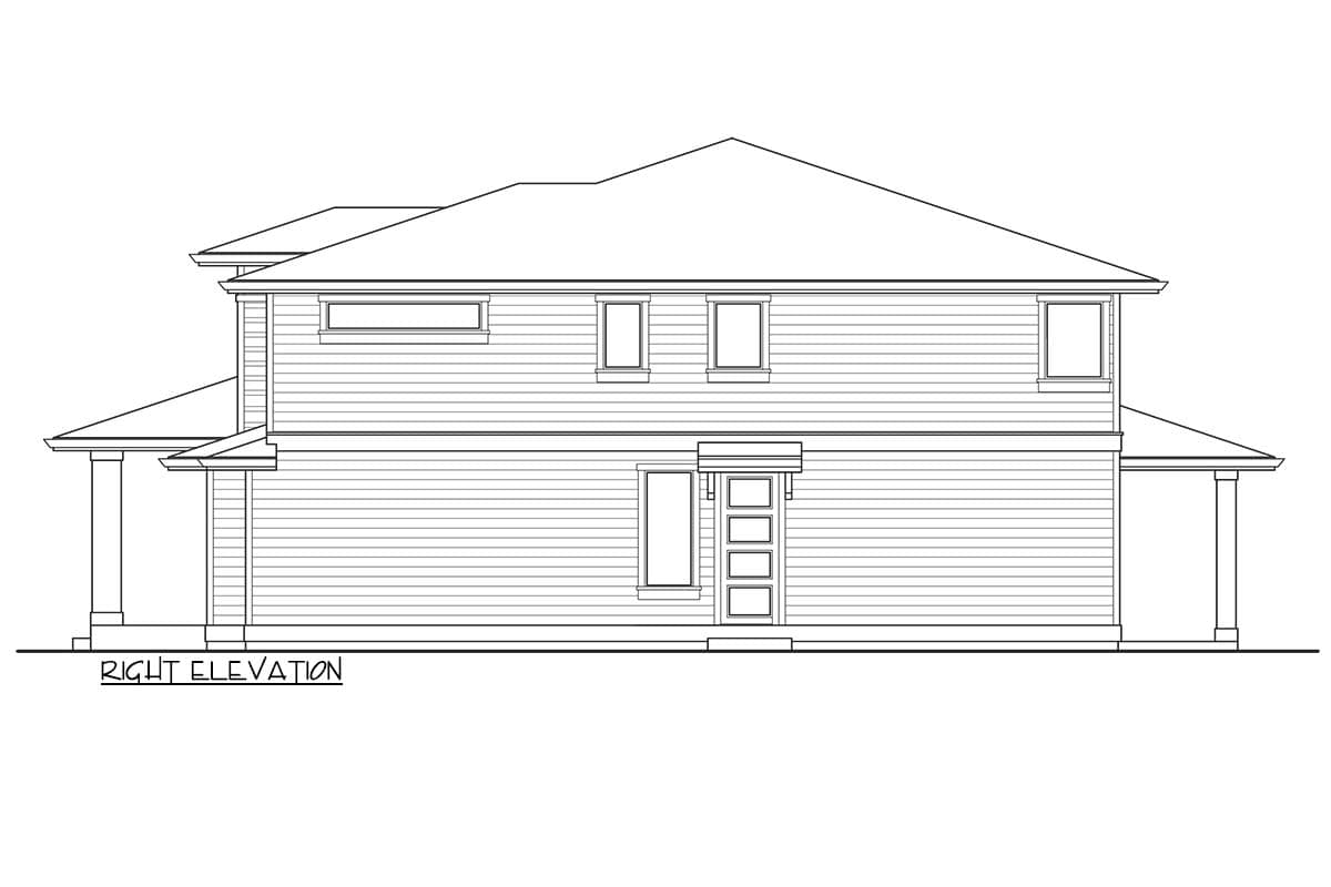 Right elevation drawing of a two-story house plan with horizontal siding, multiple windows, and covered entry.