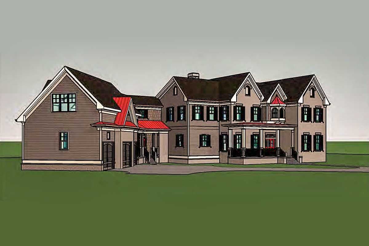 House plan exterior showing a two-story, asymmetrical home with multiple gables, a covered front porch, and a prominent red roof.