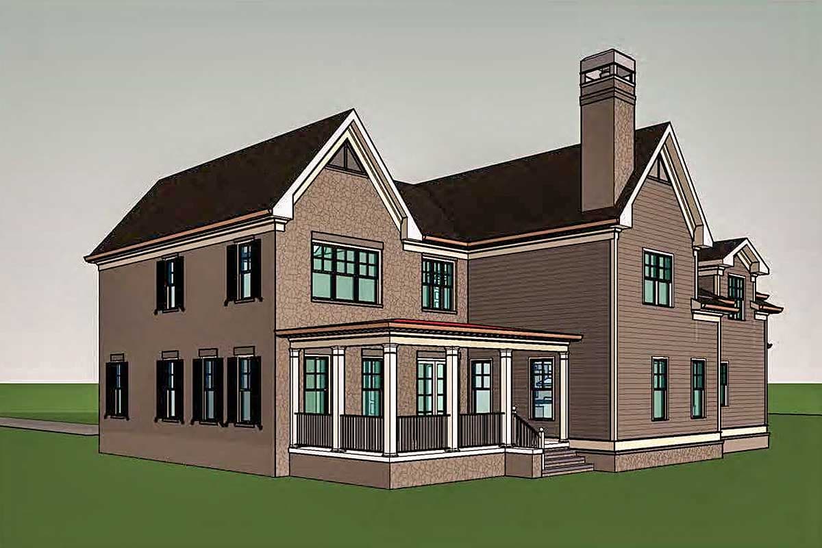 House plan exterior rendering of a two-story home with a gabled roof, prominent chimney, and covered porch with columns.