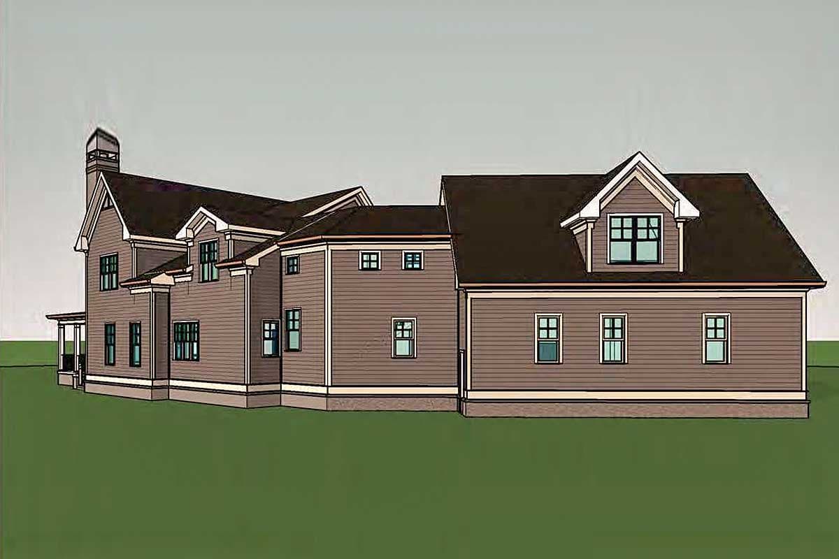 House plan exterior: multi-story home with gables, dormers, prominent chimney, and covered porch.