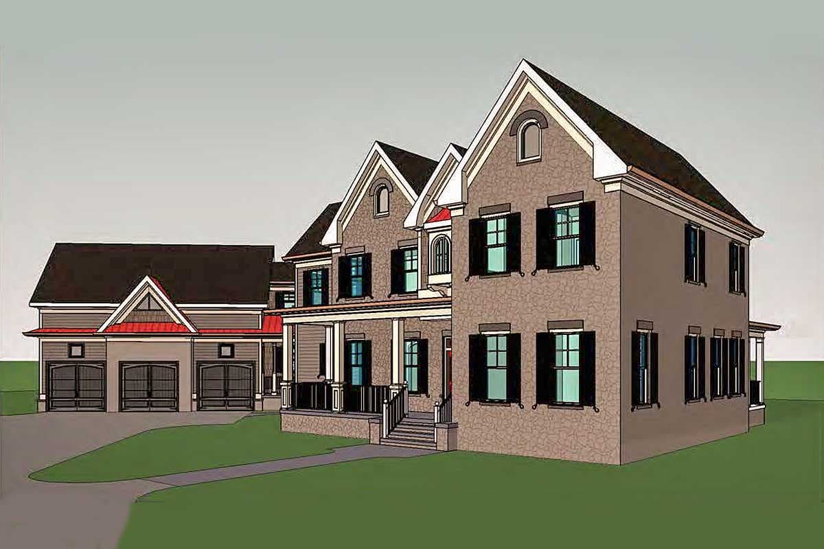 House plan exterior rendering of a two-story home with a stone facade, multiple gables, dormers, and a three-car garage.