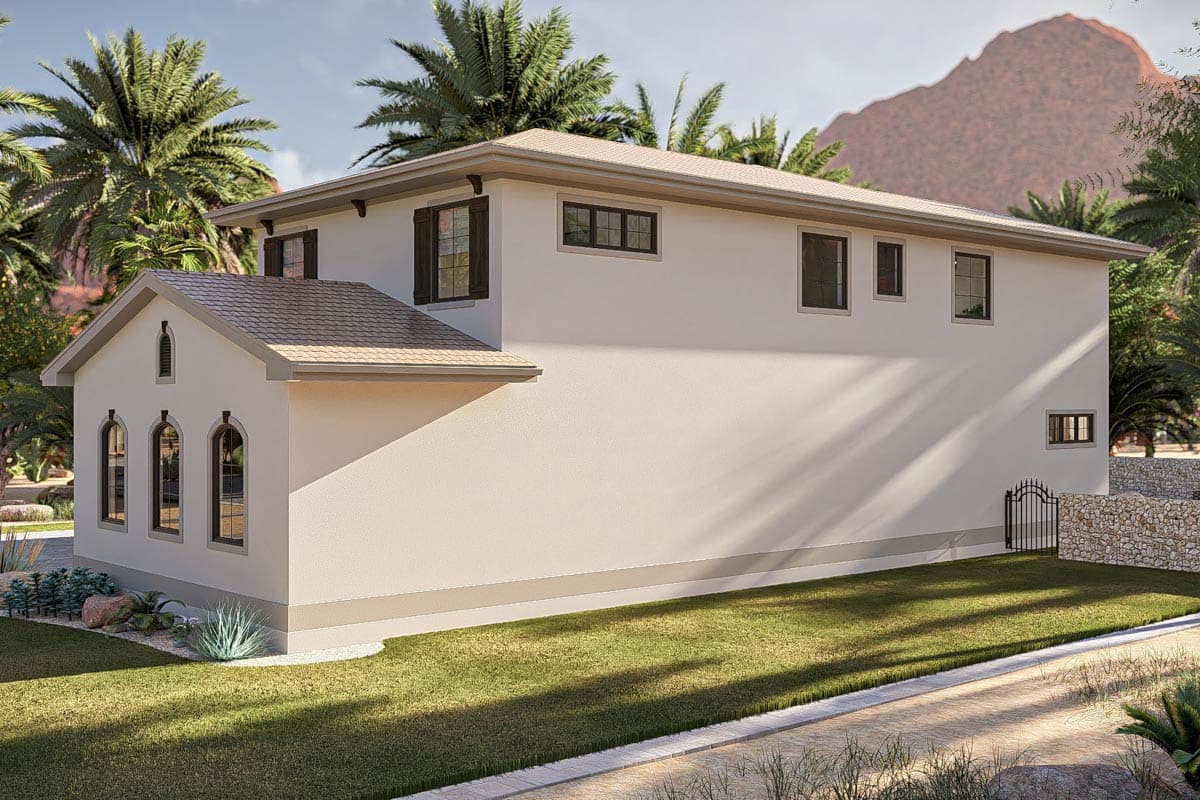 House plan exterior, two stories, stucco finish, arched windows on front gable, dark shutters, multiple upper-level windows.