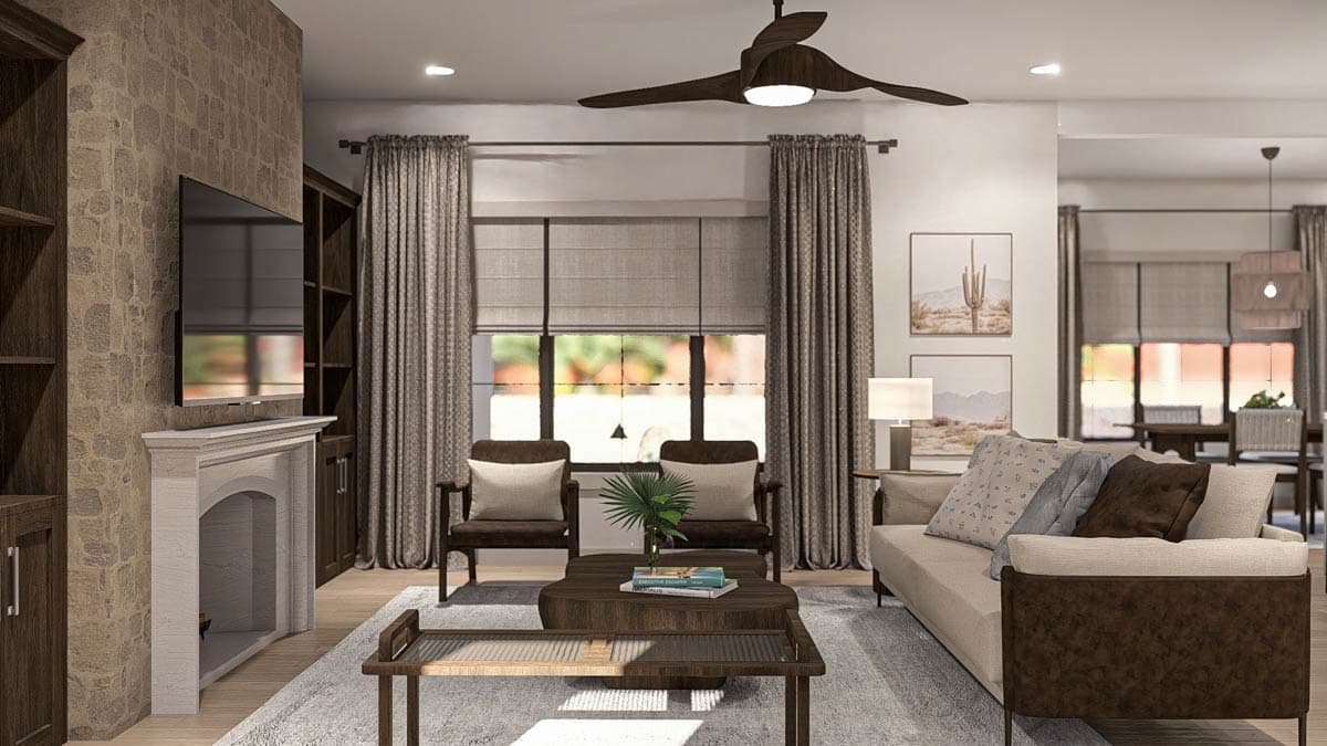 Living room rendering with fireplace, built-in shelving, sofa, coffee table, and chairs.