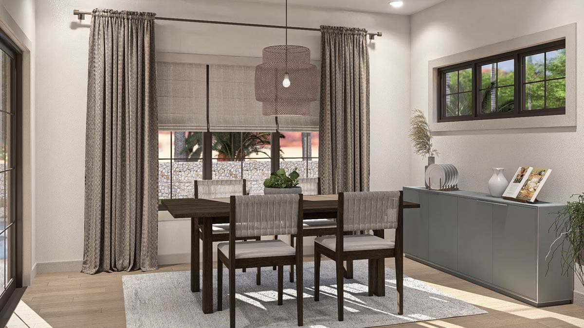 Dining room rendering with dark wood table, chairs with woven backs, and gray sideboard.