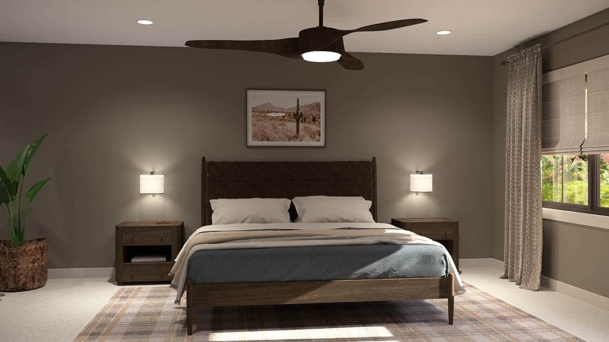 Bedroom rendering with a bed, nightstands, ceiling fan, abstract art, and a large window with curtains.