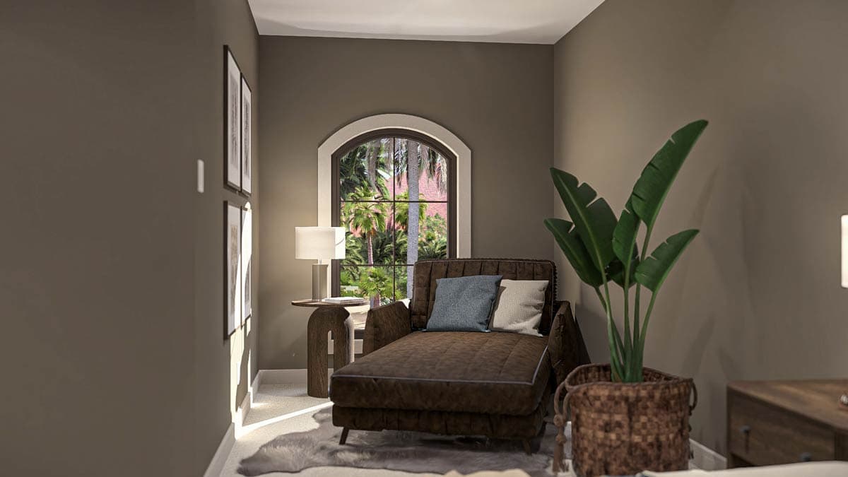 Interior rendering of a bedroom featuring a chaise lounge, arched window, and plant. Warm, neutral tones dominate the space.