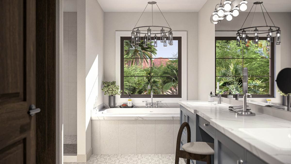 Modern bathroom rendering with freestanding tub, dual vanities, and large window overlooking lush greenery.