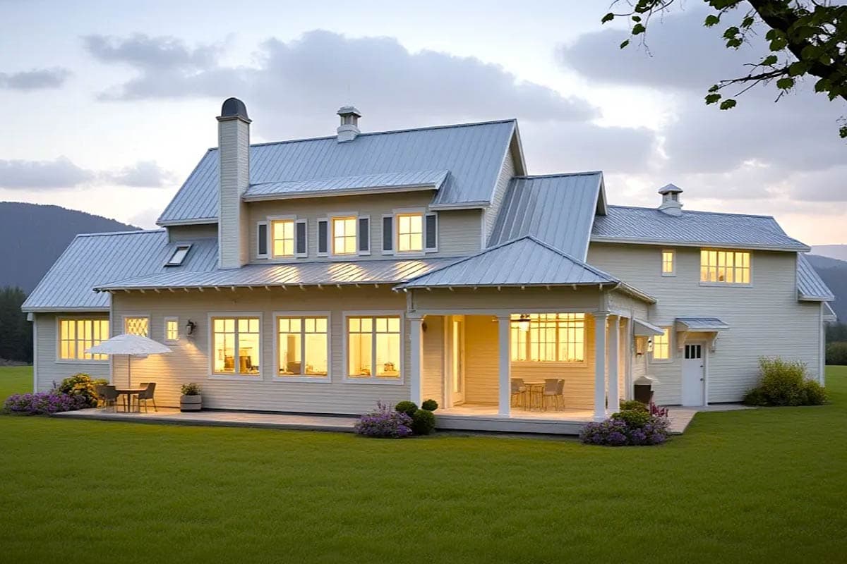 Modern Farmhouse house plan exterior with metal roof, multiple gables, dormers, and a covered porch.