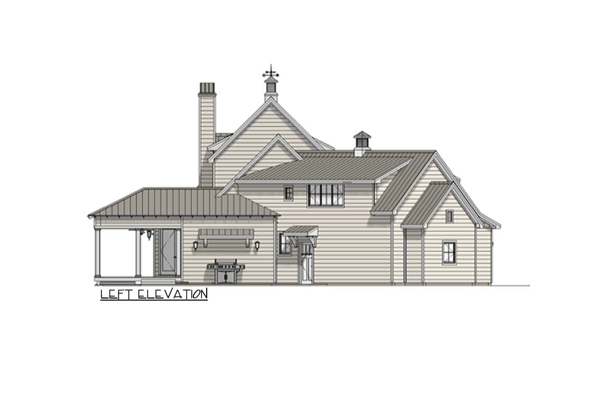 Left elevation house plan with attached carport, gables, dormers, and chimney.