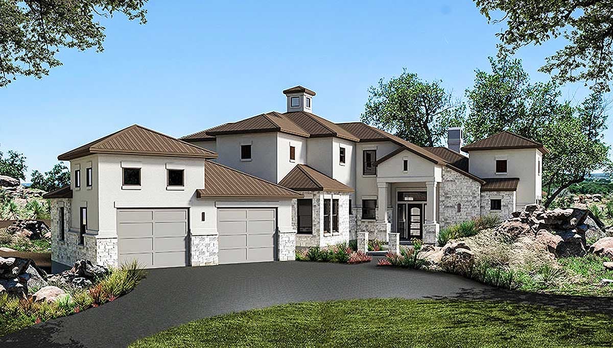 House plan exterior. Two-story Mediterranean style home with metal roof, stone accents, and attached garage. Includes a porch with columns.