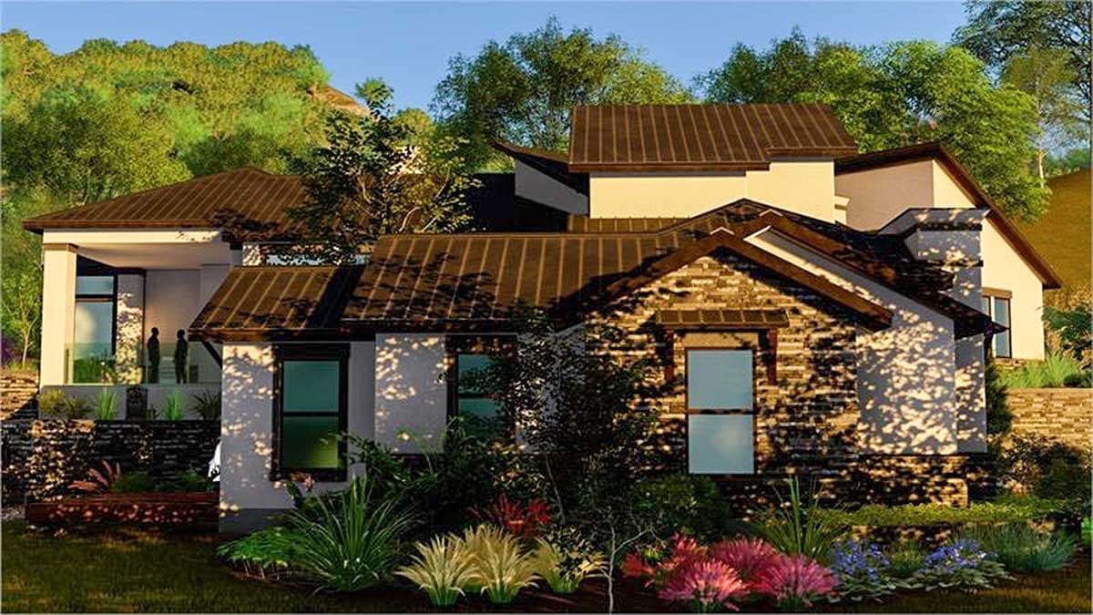 House plan exterior rendering featuring a modern style with metal roofs, stone accents, multiple gables, and large windows.