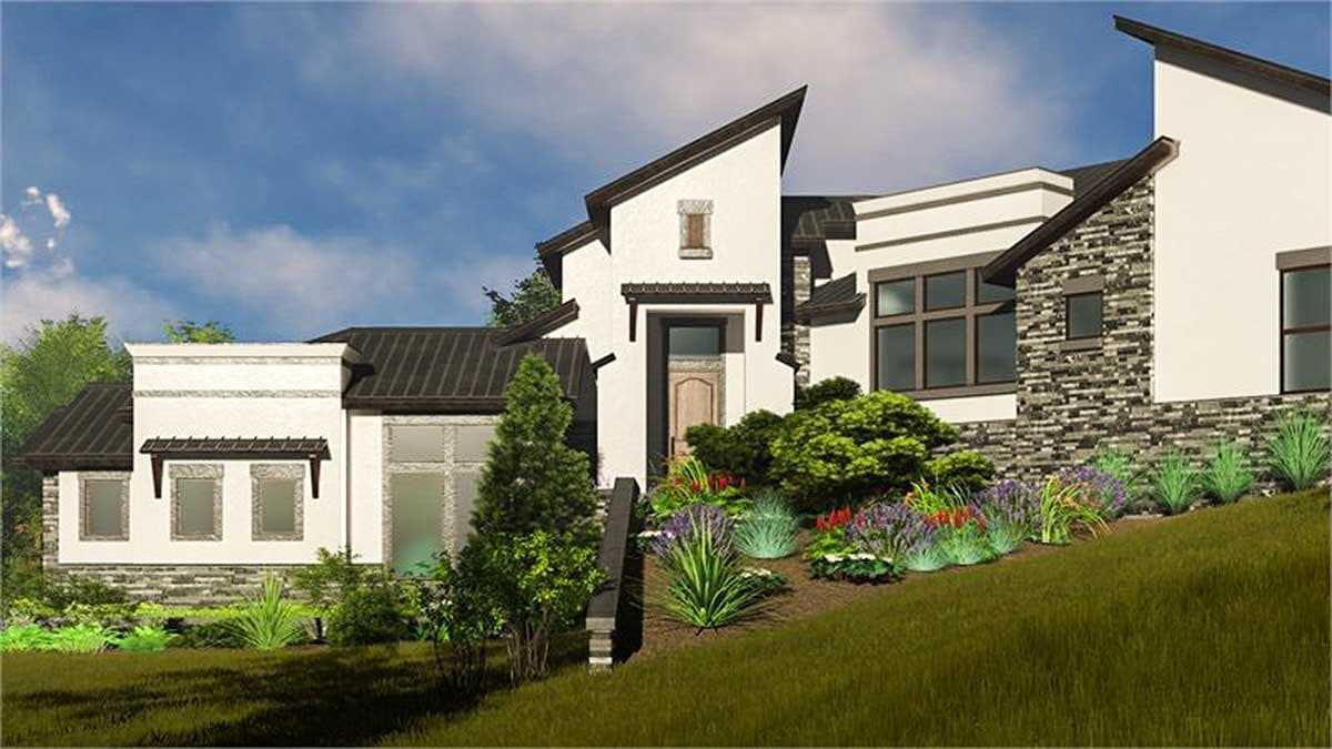 Modern house plan exterior with varied rooflines, stone accents, and a covered entrance.