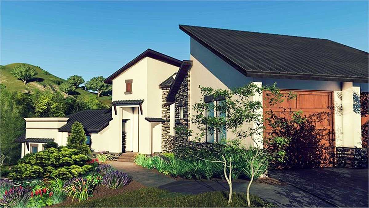 House plan exterior with a multi-level roofline, stone accents, covered entryway, and a detached garage with wooden doors.