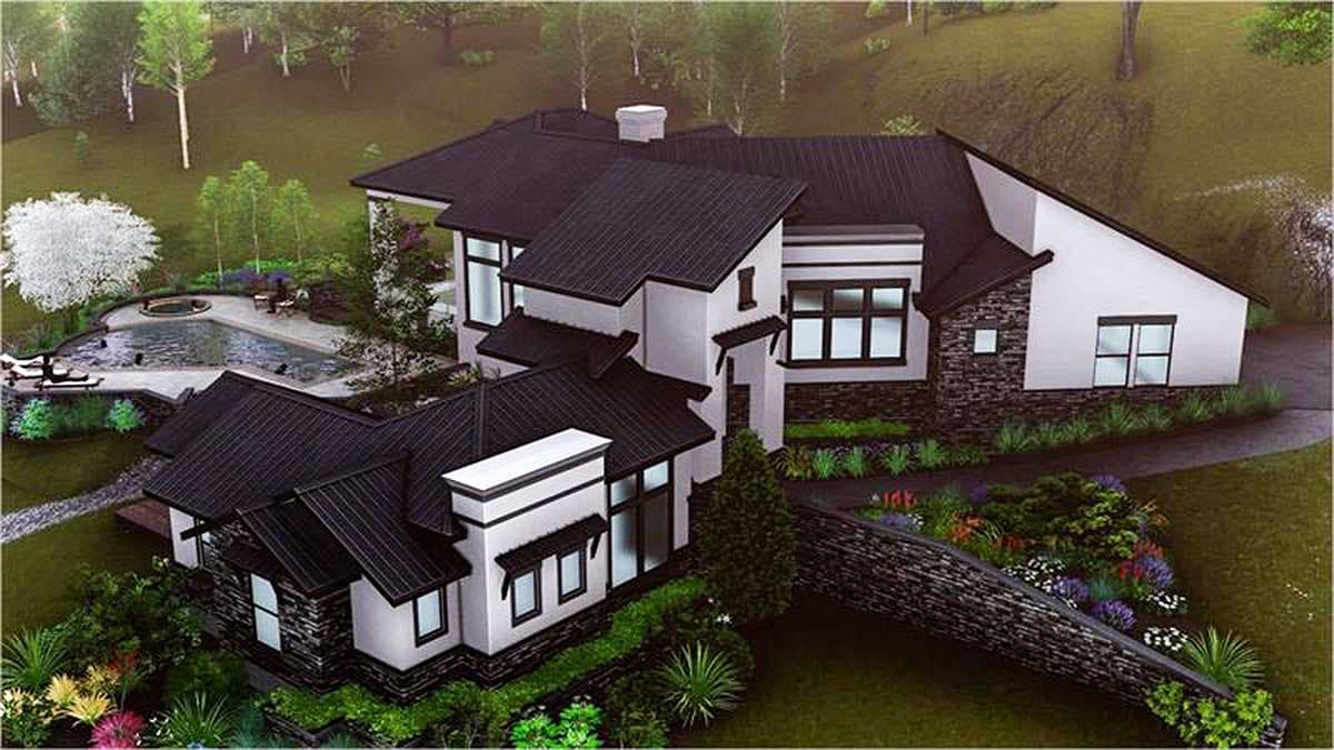 House plan exterior, two-story modern home with asymmetrical rooflines, stone accents, and a swimming pool.