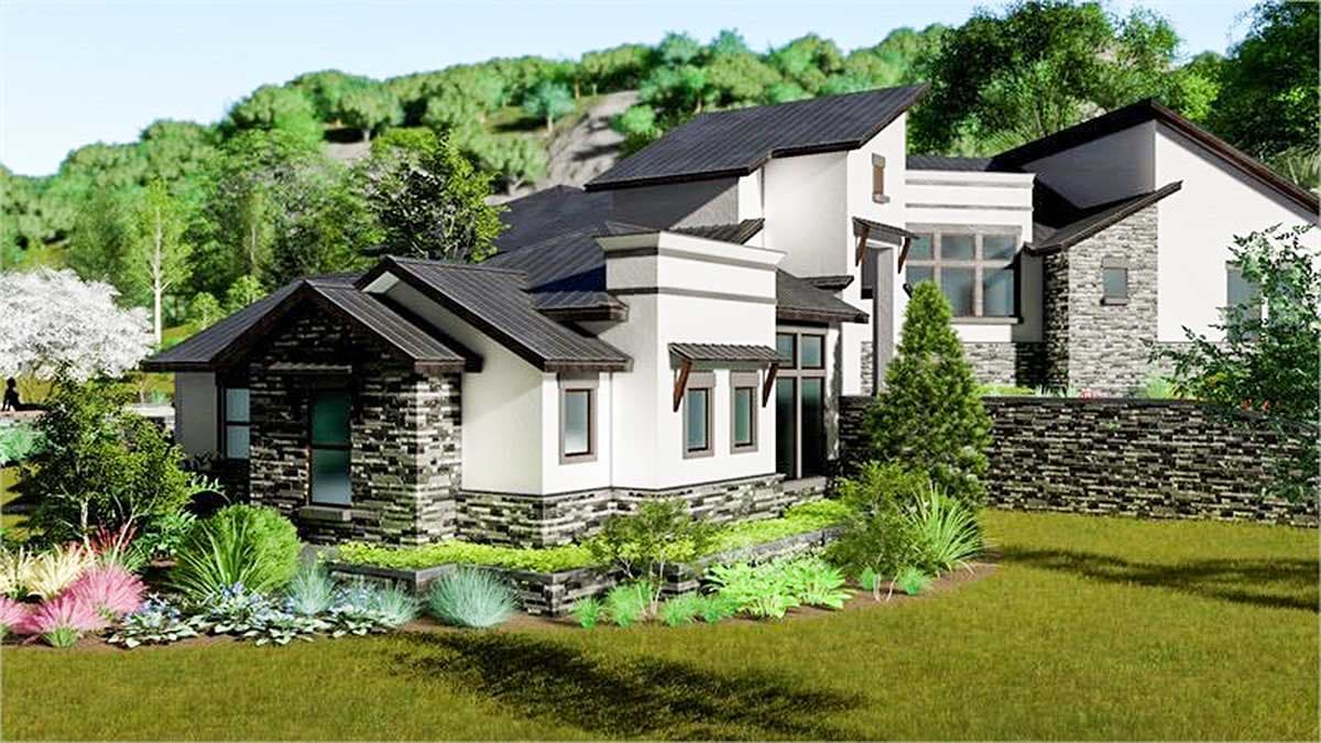 Modern house plan exterior with multi-level rooflines, stone accents, and multiple gables.