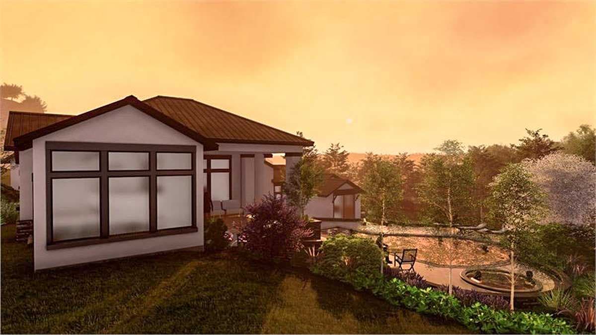 House plan exterior: One-story modern home with hip roof, large windows, and a multi-level backyard pool.