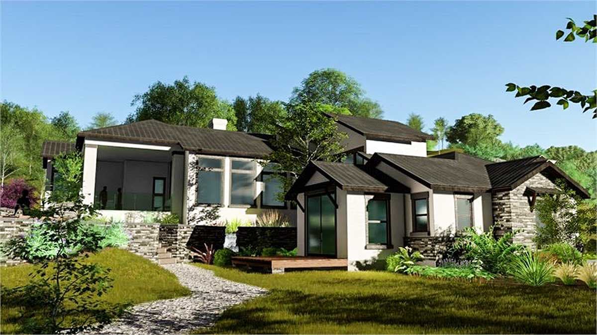 House plan exterior: Modern style, low-pitched roofs, stone accents, large windows, and covered porch.