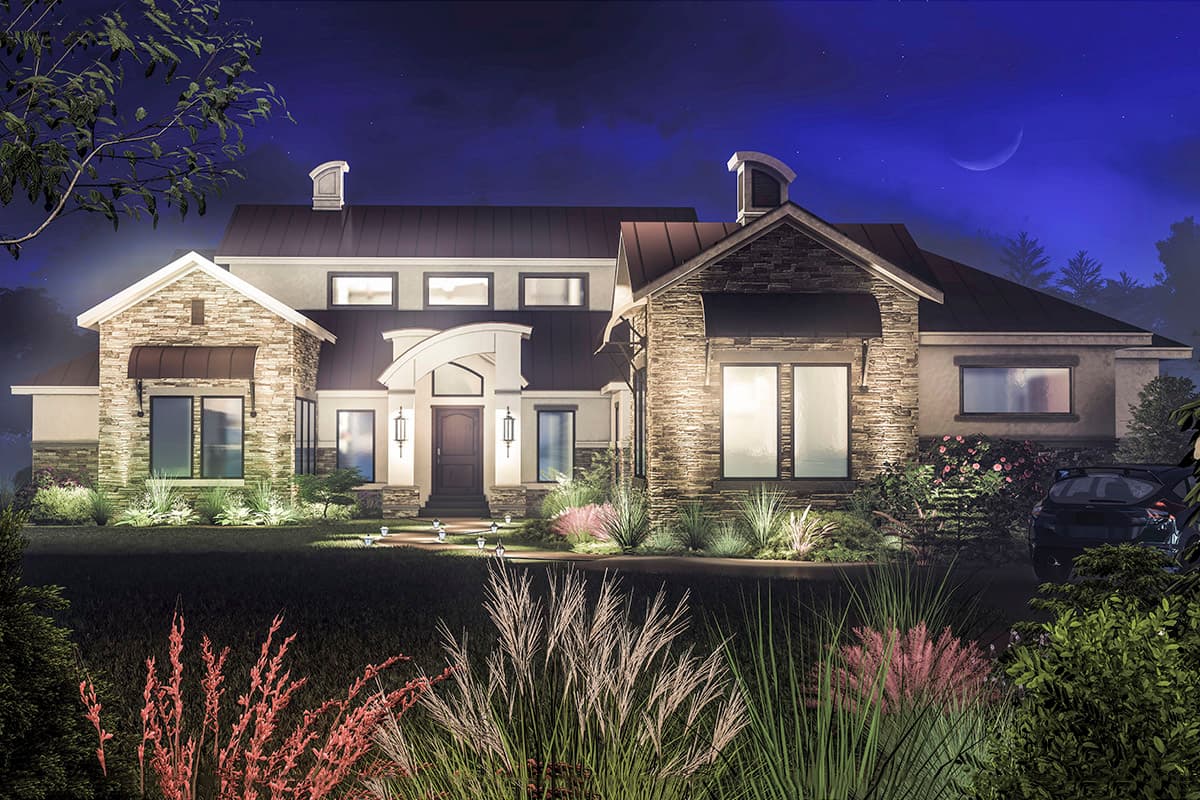 House plan exterior rendering with stone accents, arched entry, metal roof, and multiple gables.