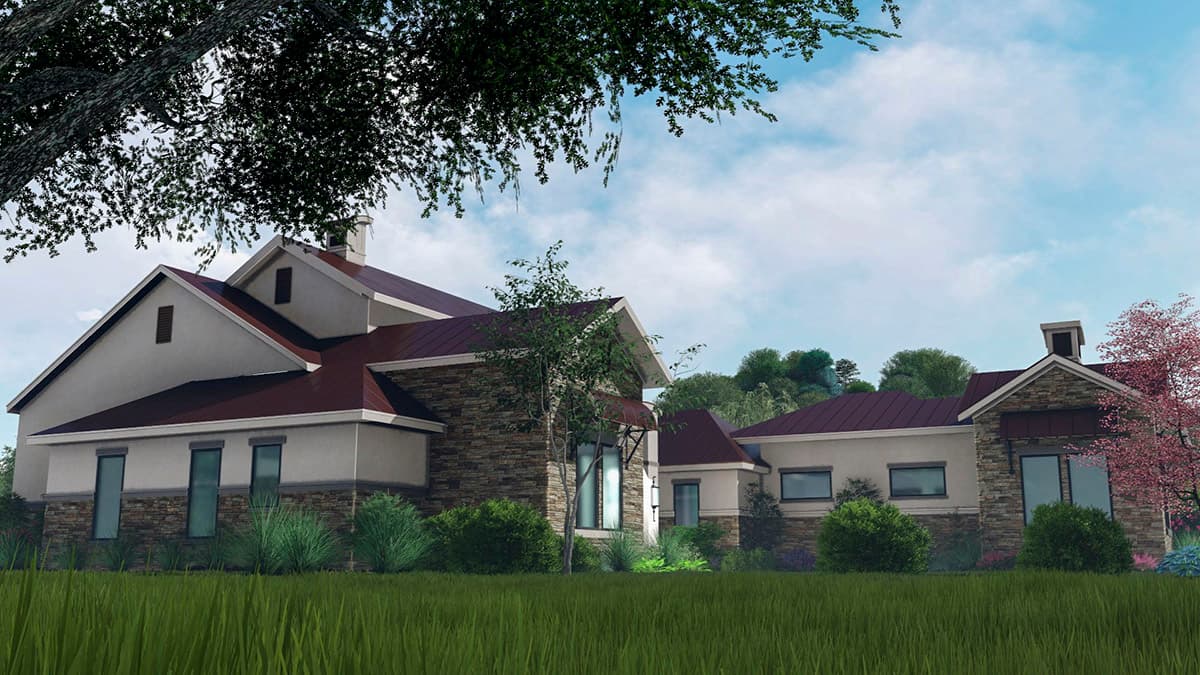 House plan exterior with a low-pitched roof, stone accents, multiple gables, and a prominent chimney.