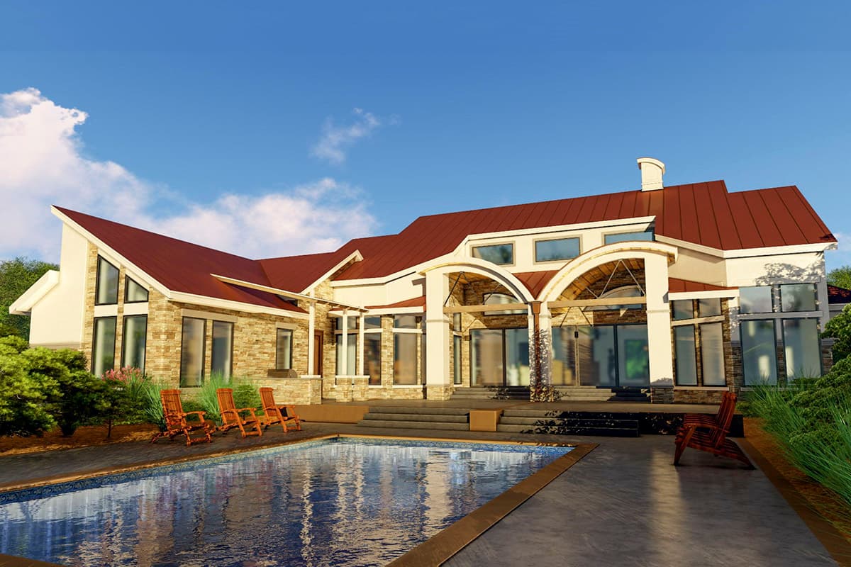 House plan exterior with a complex roofline, stone facade, multiple gables, large windows, covered arches, and a pool.