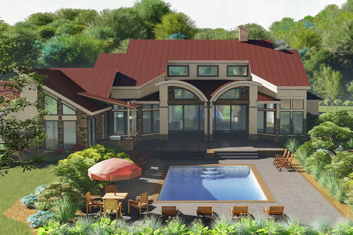 Modern house plan exterior with prominent gables, a hip roof, and large windows. Features a covered porch and patio with pool.