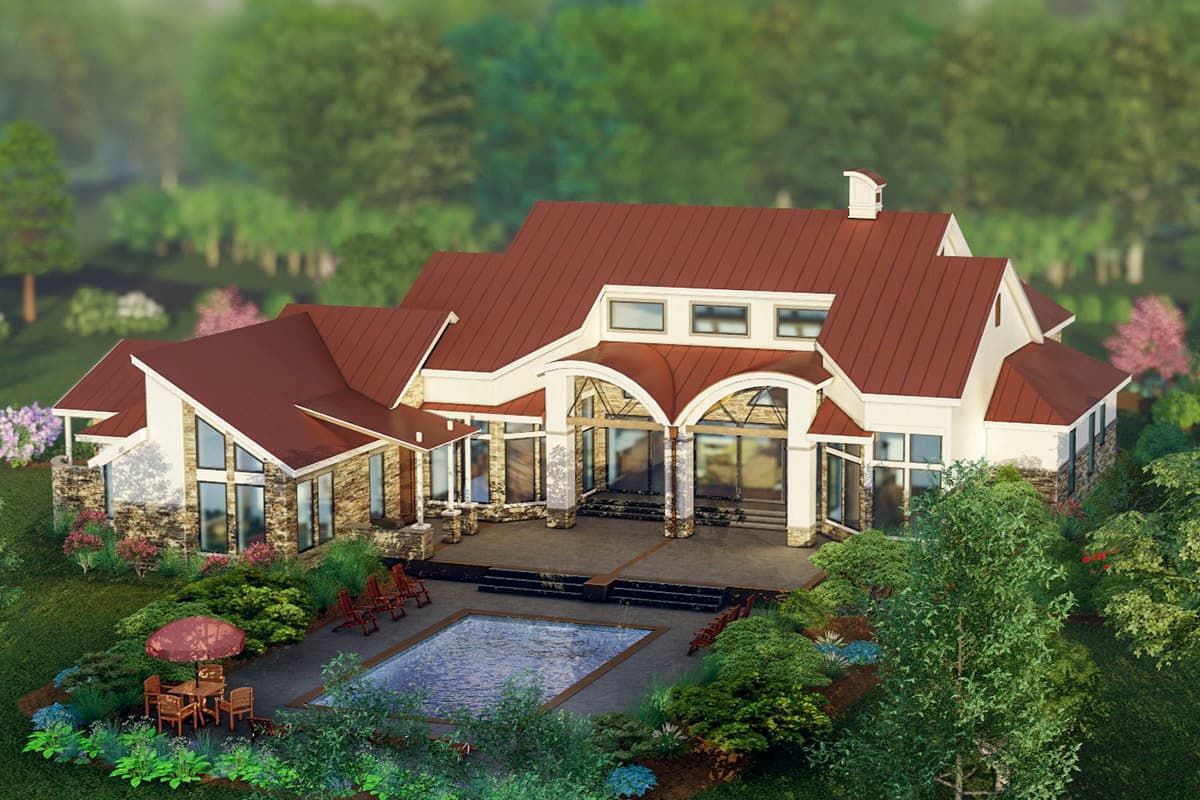 House plan exterior rendering with stone facade, arched entryway, and red metal roof.