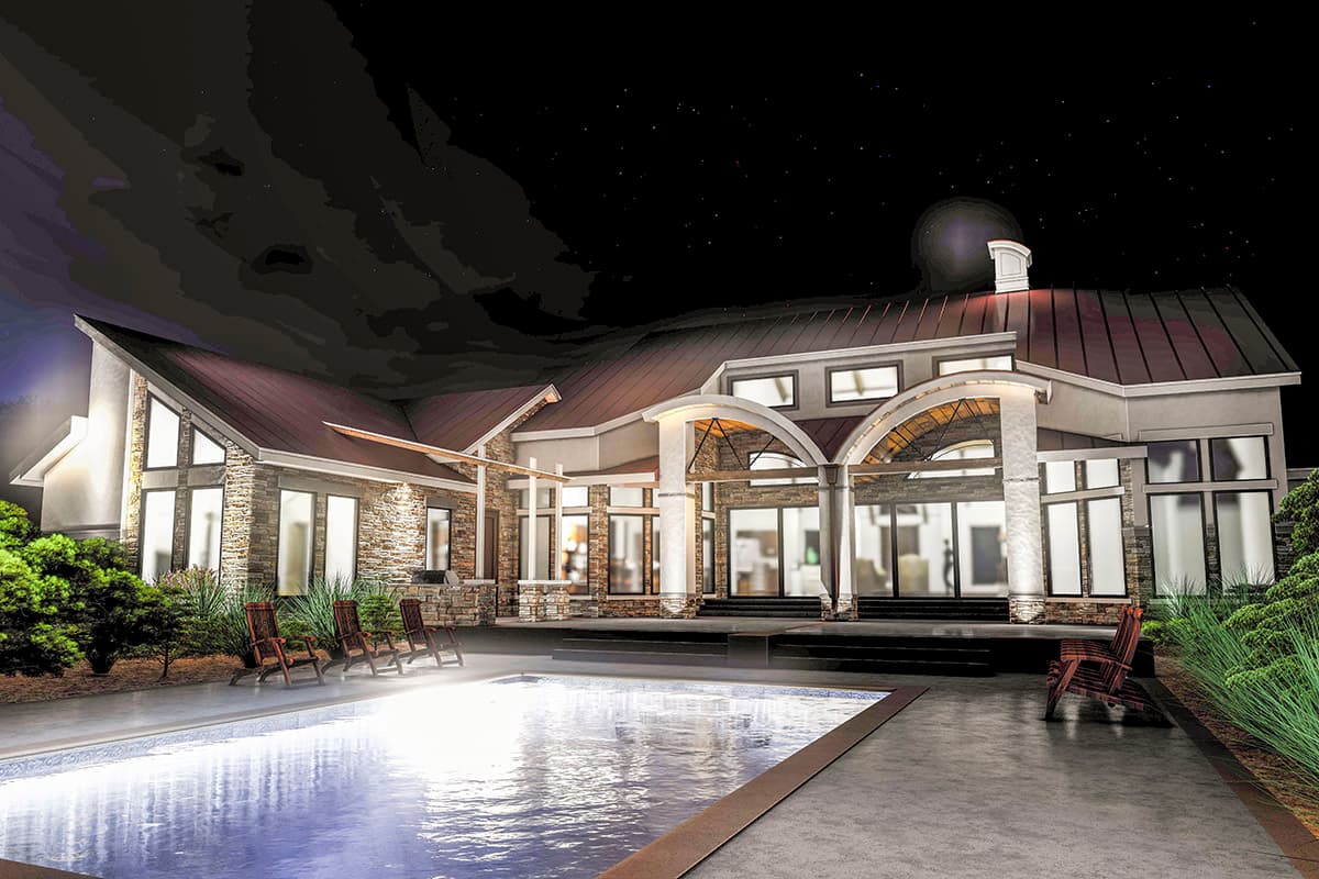 Modern house plan exterior with stone facade, multi-level roof, large windows, arched portico, and swimming pool.