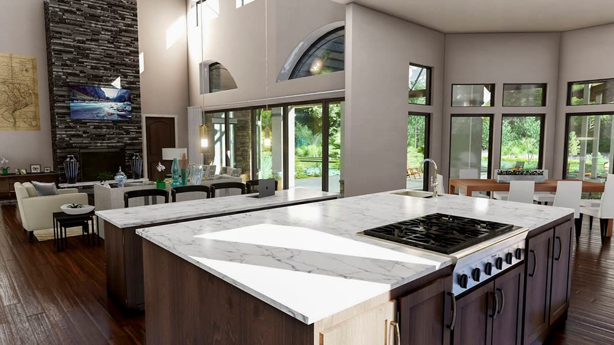 Interior rendering shows kitchen with island, gas range, and open-concept living area with stone fireplace and large windows.
