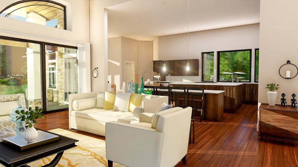 Interior rendering of living area and kitchen with island, dark wood cabinetry, and large windows.