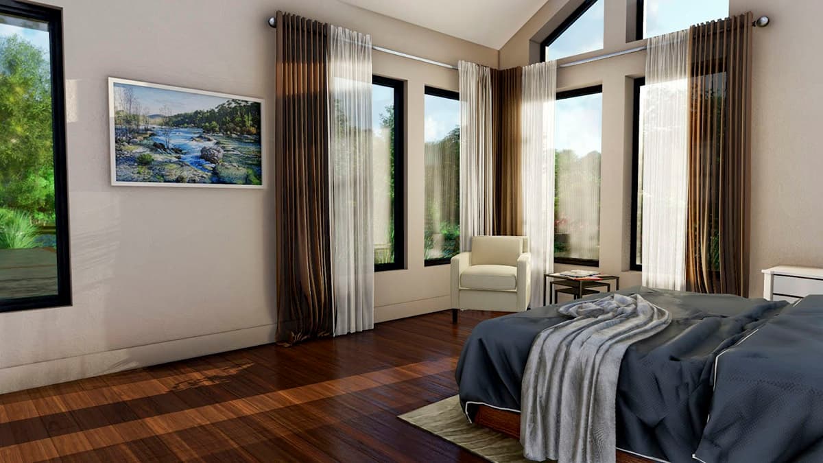 Primary bedroom rendering with vaulted ceiling, large windows, and wooden flooring.