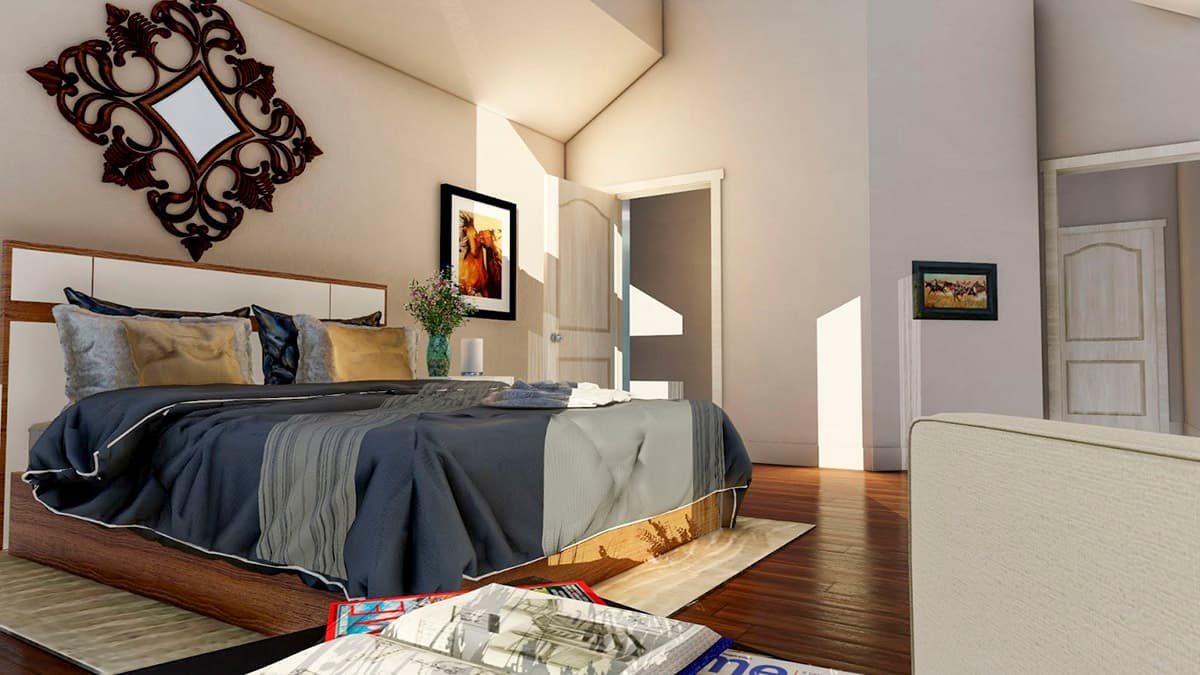 Bedroom rendering with a queen-size bed, decorative mirror, and open doors revealing hallway.