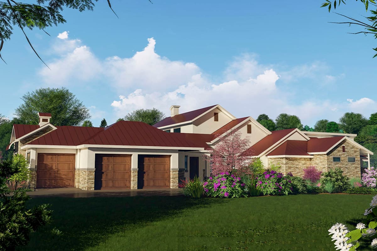 House plan exterior: Ranch style, one story, three-car garage, stone accents, and red metal roof.