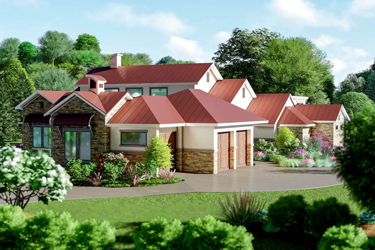 House plan exterior featuring a prominent stone facade, metal roof, and a three-car garage. Multiple gables and dormers are visible.