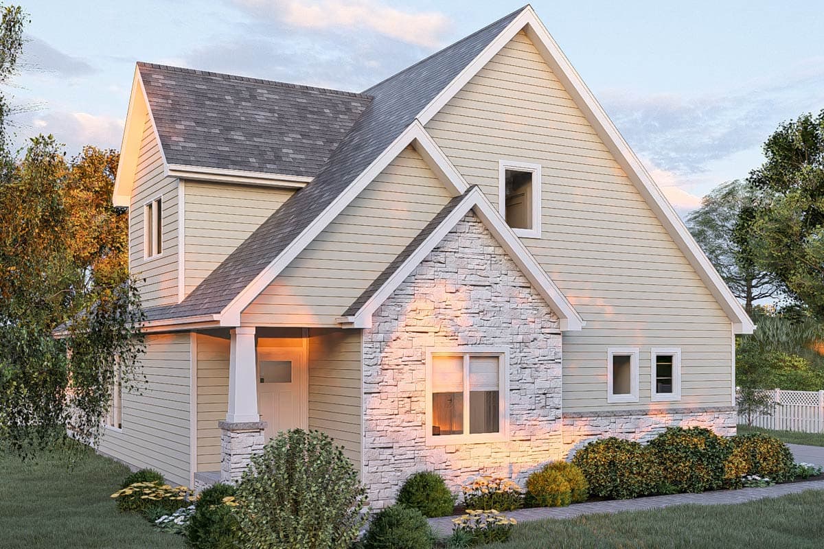 House plan exterior: Two-story home with gabled rooflines, stacked stone accent, and covered front porch.