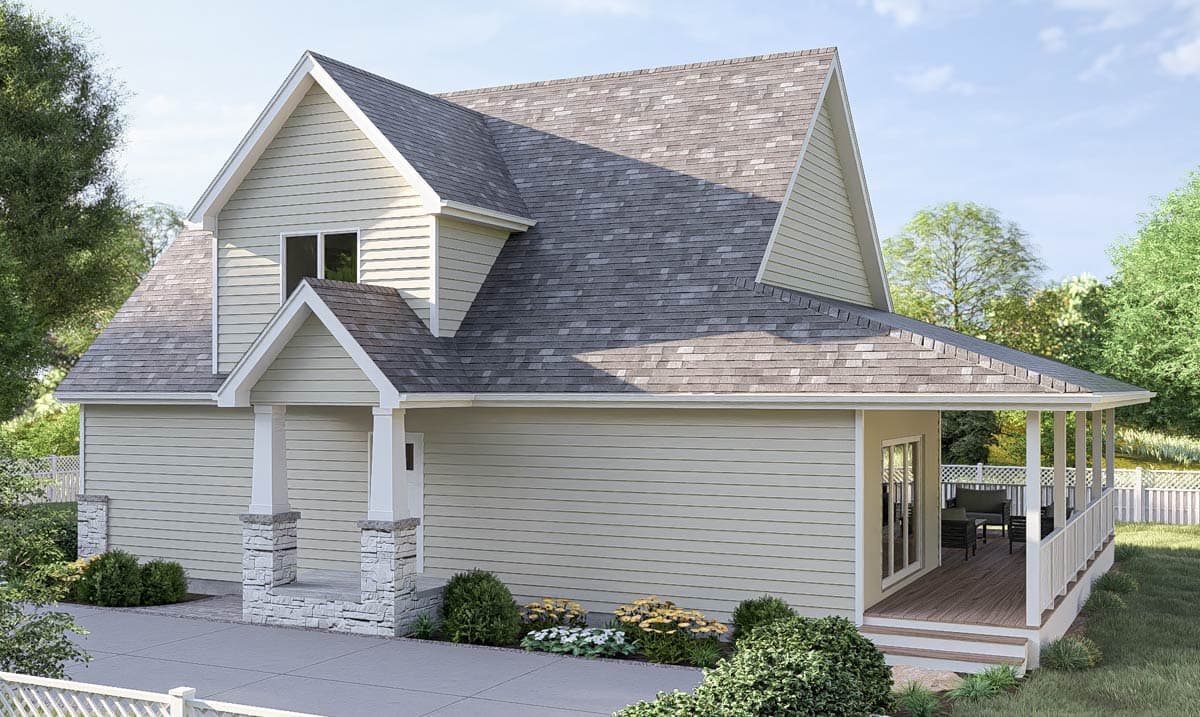 House plan exterior, two stories, featuring a gabled entrance with stone-clad posts and a wraparound porch.
