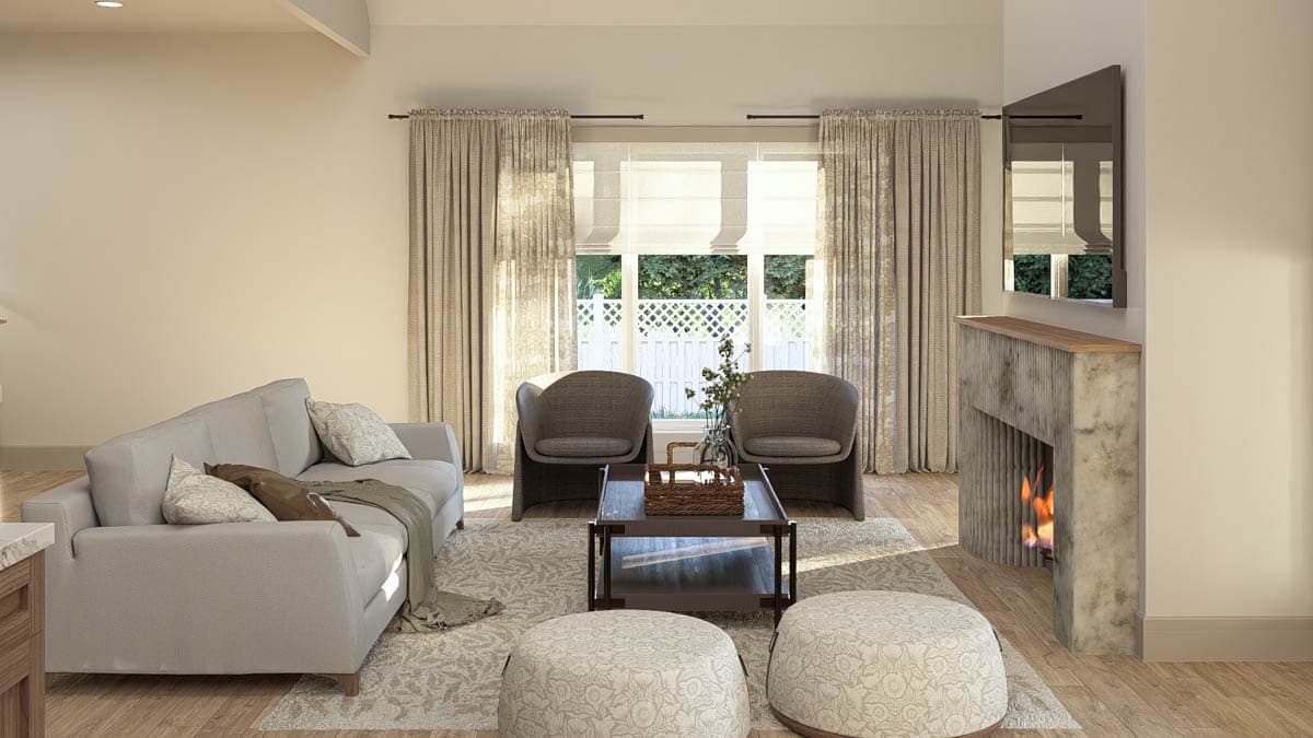 Living room rendering with sofa, two chairs, coffee table, fireplace, and large window with white lattice fence visible outside.