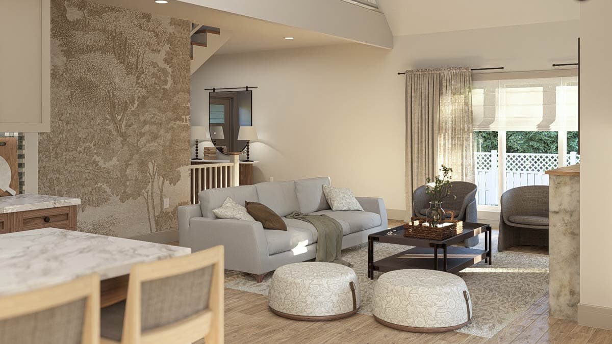 Living room rendering with light gray sofa, patterned ottomans, dark wood coffee table, and a staircase with a sliding barn door mirror.