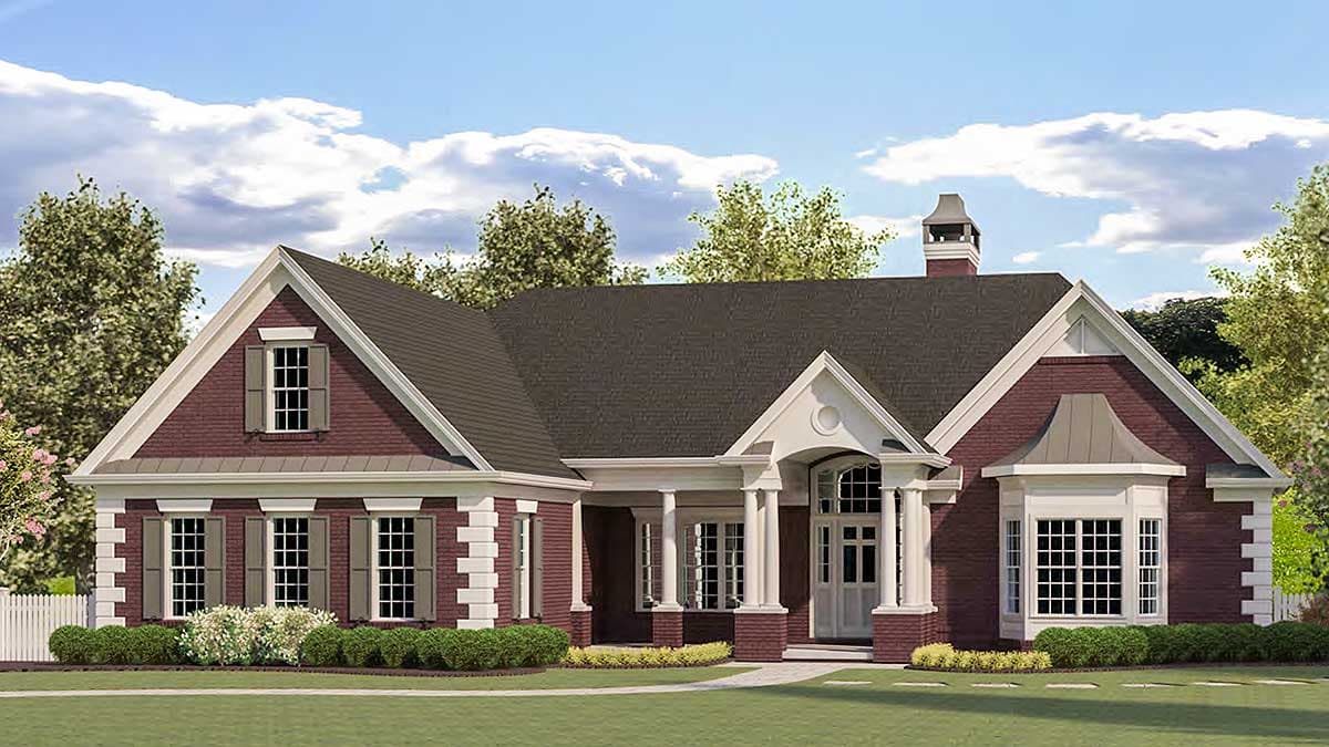 House plan exterior with brick facade, front porch with columns, and multiple gables. Features a bay window and roof chimney.