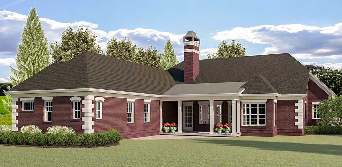 House plan exterior: Red brick one-story home with dark roof, white trim, columned porch, and prominent chimney.