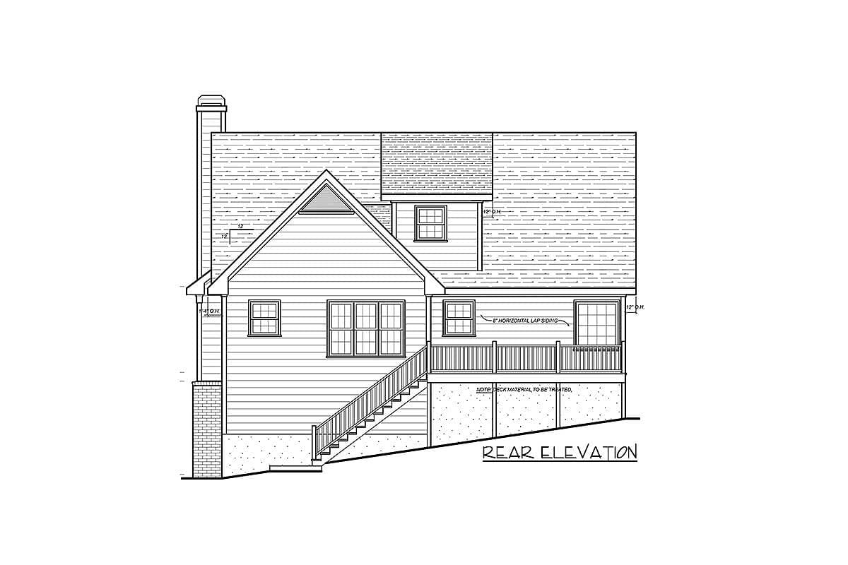 Rear elevation house plan showing horizontal lap siding, a gabled dormer, a chimney, and a deck with stairs.