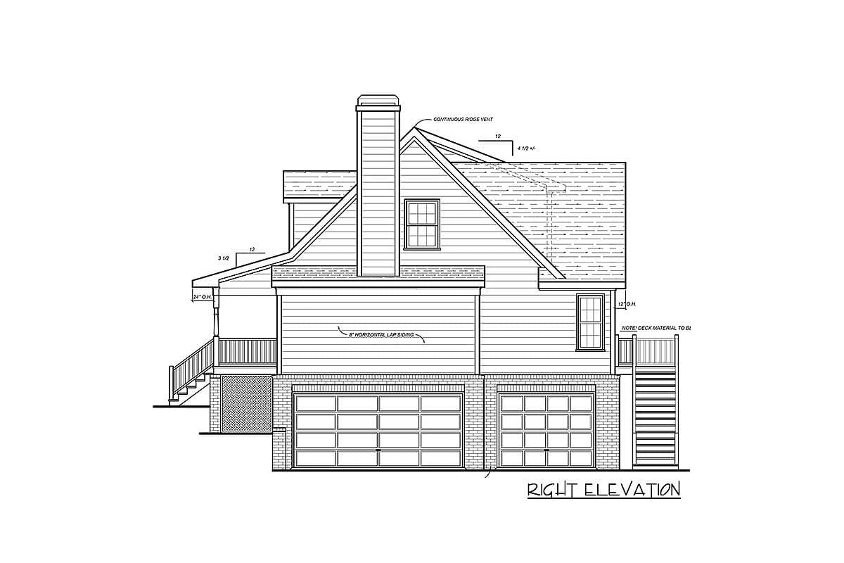 House plan right elevation showing a two-story structure with a three-car garage, hip roof, dormers, and horizontal lap siding.