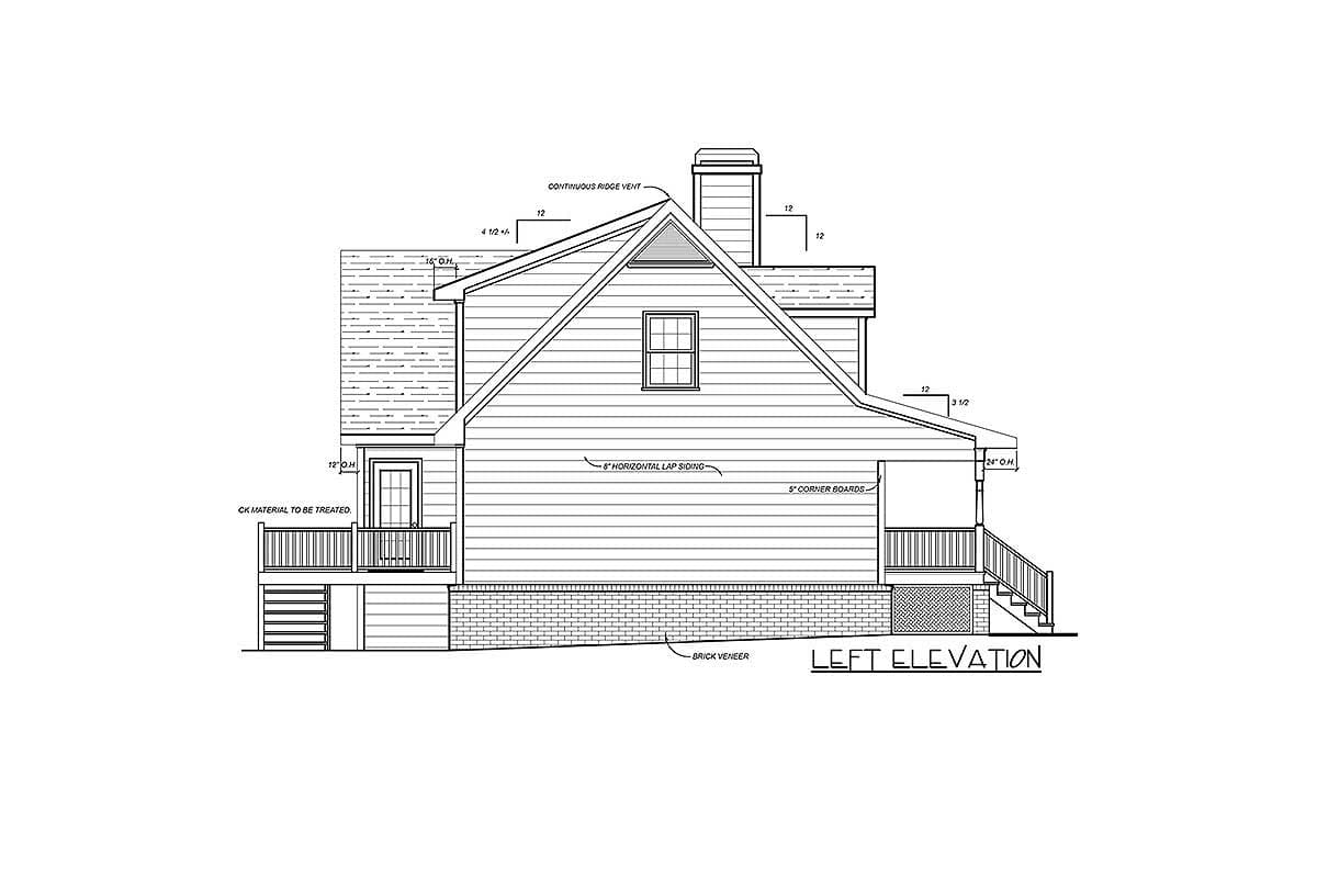 Left elevation house plan drawing with horizontal lap siding, brick veneer, dormer, and covered porch.