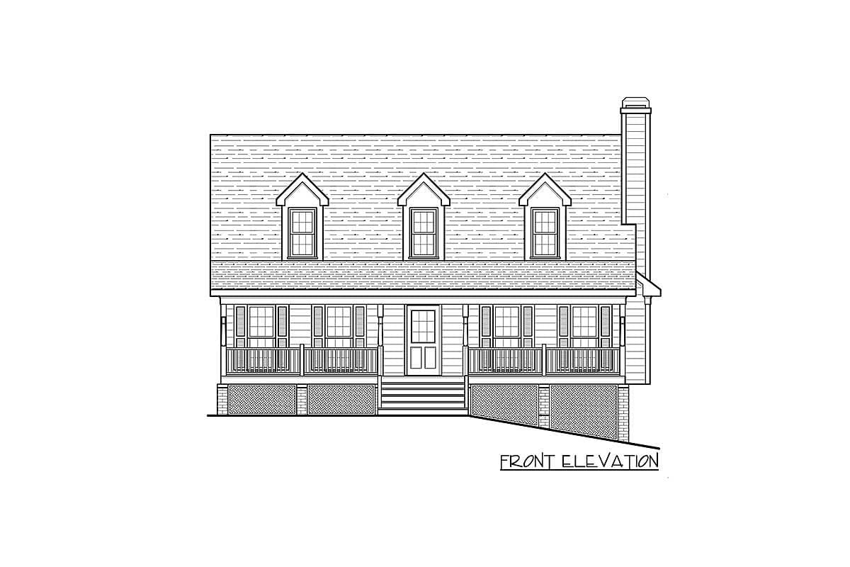 Front elevation drawing of a two-story house plan with a full-width porch, dormer windows, and a prominent chimney.
