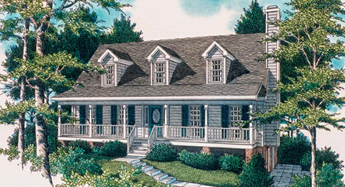 House plan exterior featuring a wrap-around porch, dormer windows, and a prominent chimney.
