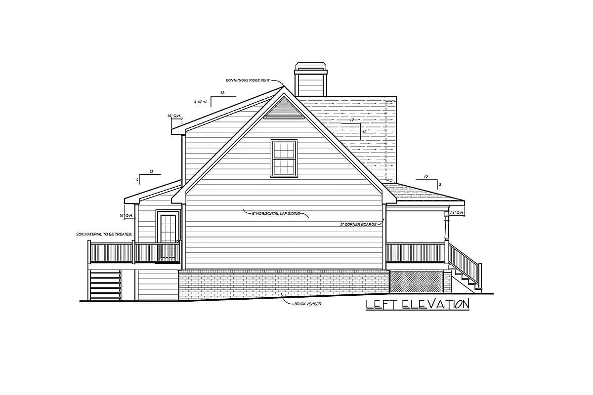 Left elevation house plan with horizontal lap siding, brick veneer, porch, and dormer.