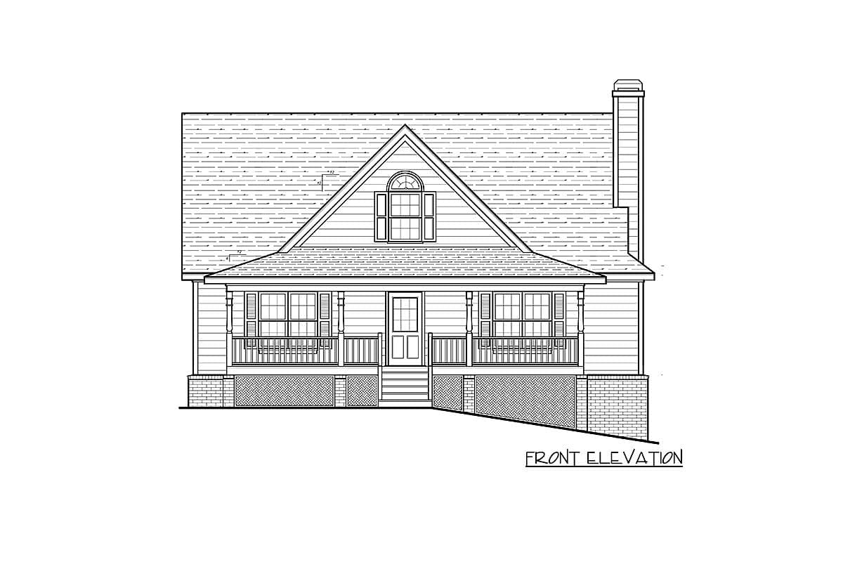 Front elevation drawing of a one-story house with a covered porch, central entrance, gable dormer, and brick foundation.